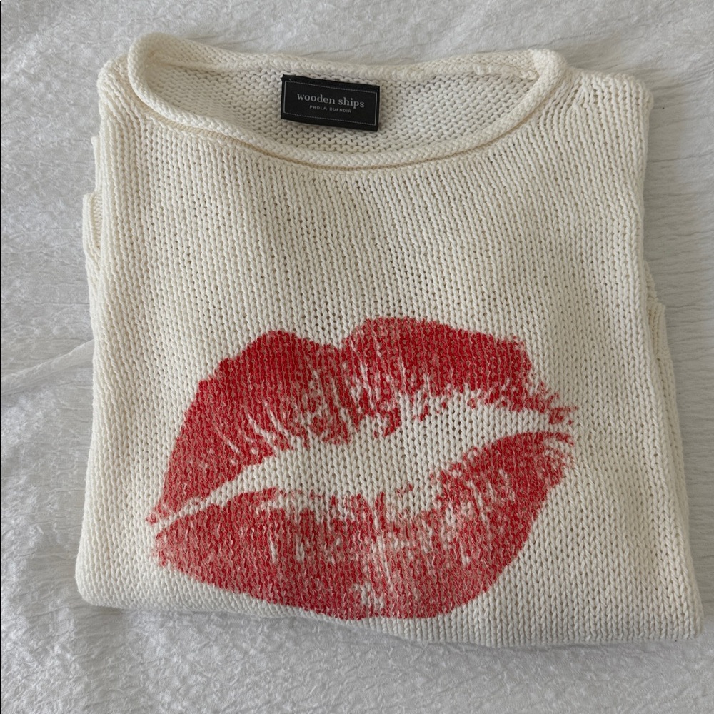 Wooden Ships Cream Sweater with Red Lip Print